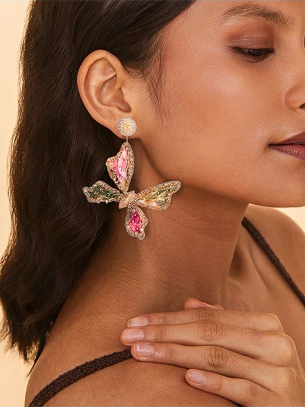 Handcrafted Pink and Green Crystal Butterfly Earrings